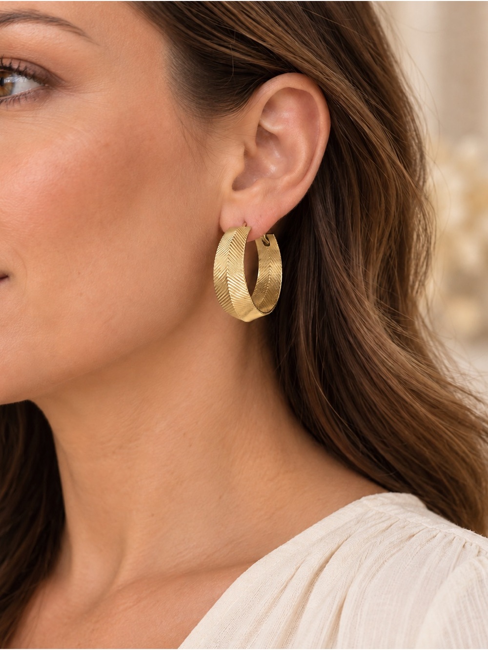 Vintage Monet Gold Tone Chevron Textured Chunky Hoop Earrings